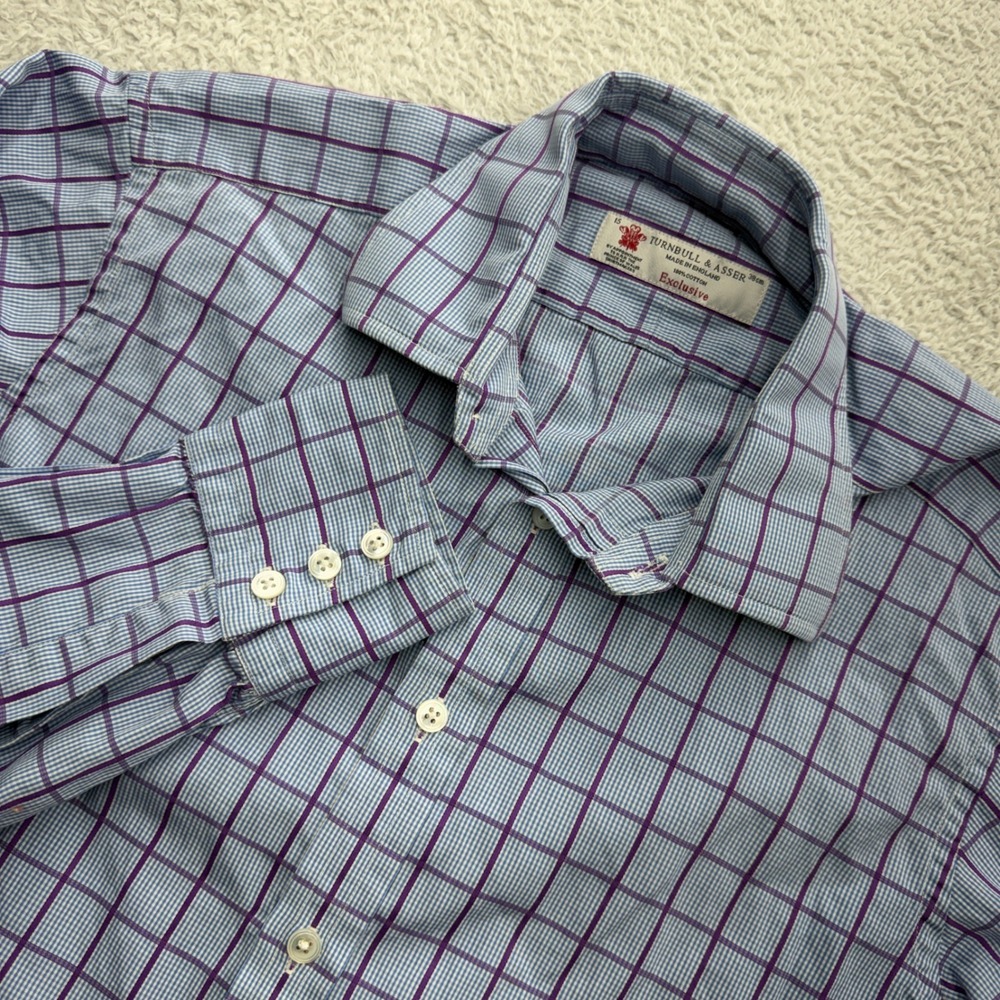 Turnbull & Asser Mens 15 38cm Blue Purple Check Cotton Dress Shirt England